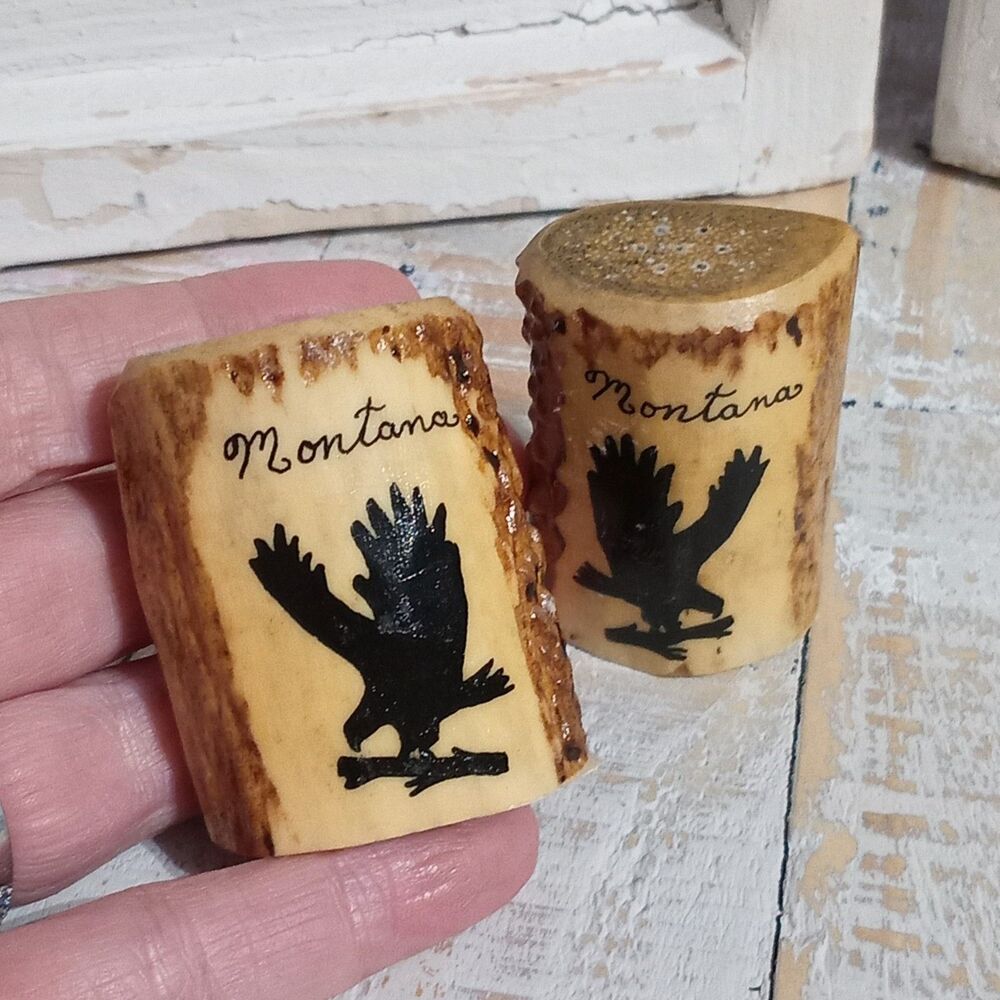 Vintage Elkhorn Montana Antler Salt & Pepper Shakers Eagle Rustic Cabin Decor